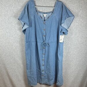 NEW Terra & Sky Light Blue Denim Women's 1X V-Neck Dress Flutter Sleeves Pockets